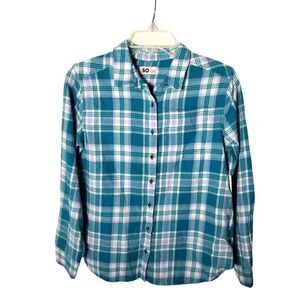 NEW SO Girls XL Teal Plaid Cotton Flannel‎ Button Down Boyfriend Shirt Top